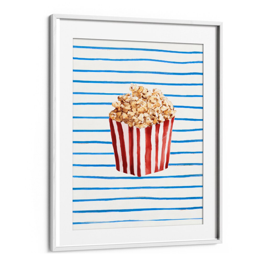 Framed modern art featuring striped popcorn container on blue-striped background capturing POPCORN TIME , BAR vibe.
