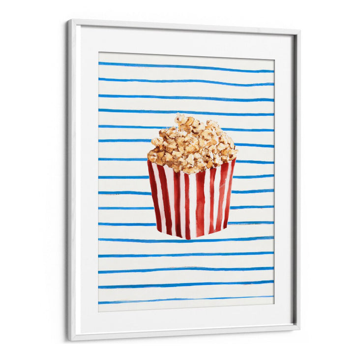 Framed modern art featuring striped popcorn container on blue-striped background capturing POPCORN TIME , BAR vibe.
