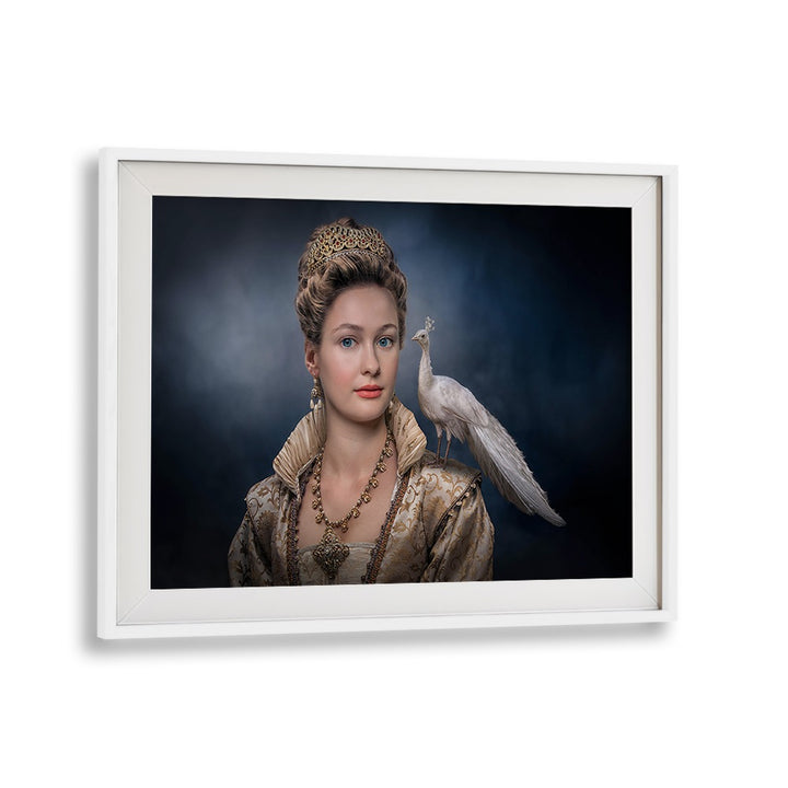 Surreal BEAUTY QUEEN, PHOTOGRAPHY PRINTS featuring a regal woman and a peacock, perfect for art lovers.