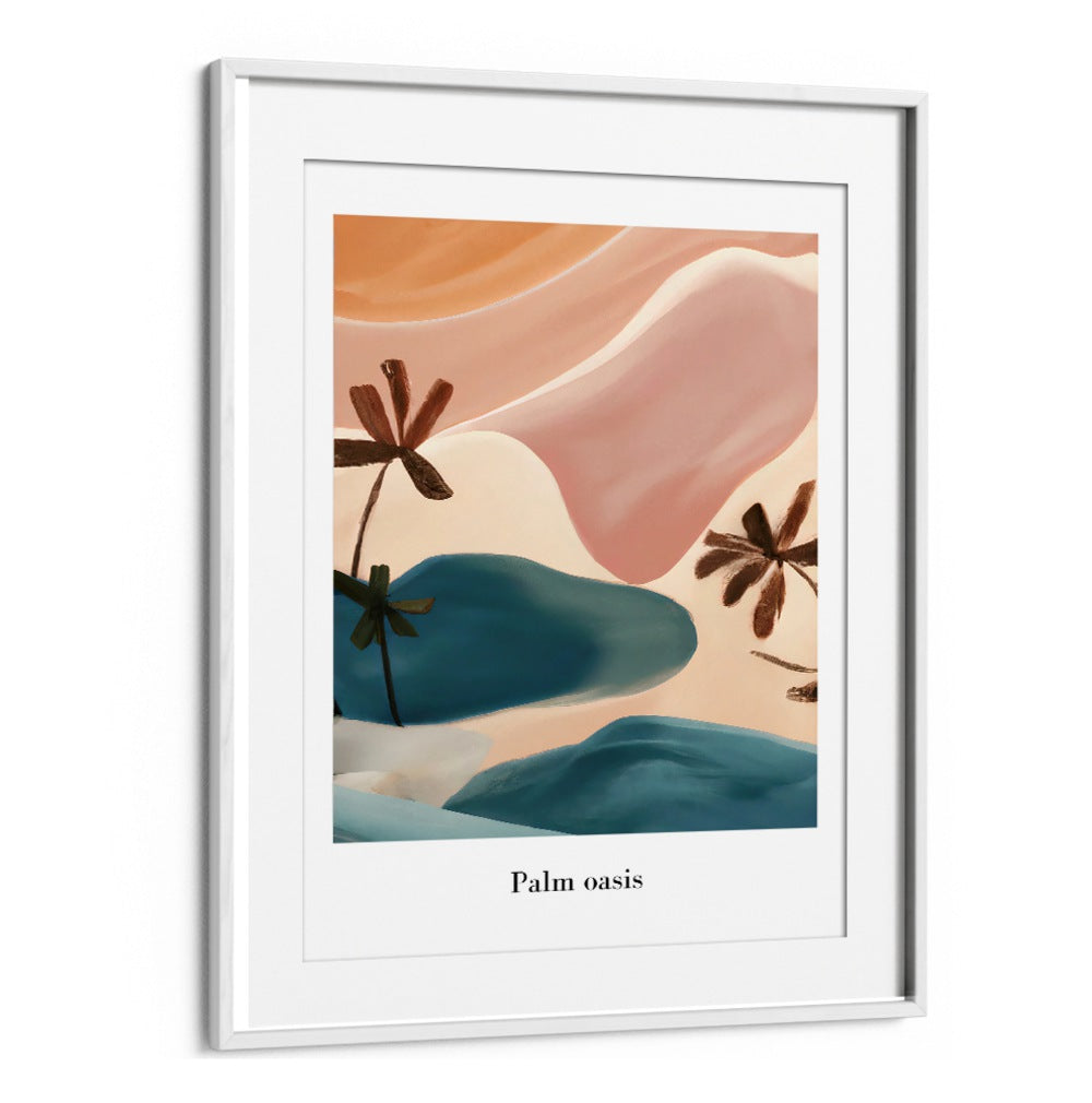 PALM OASIS , BEACH PAINTINGS with abstract palm trees and ocean waves in soft pastel colors by Whitemount Store