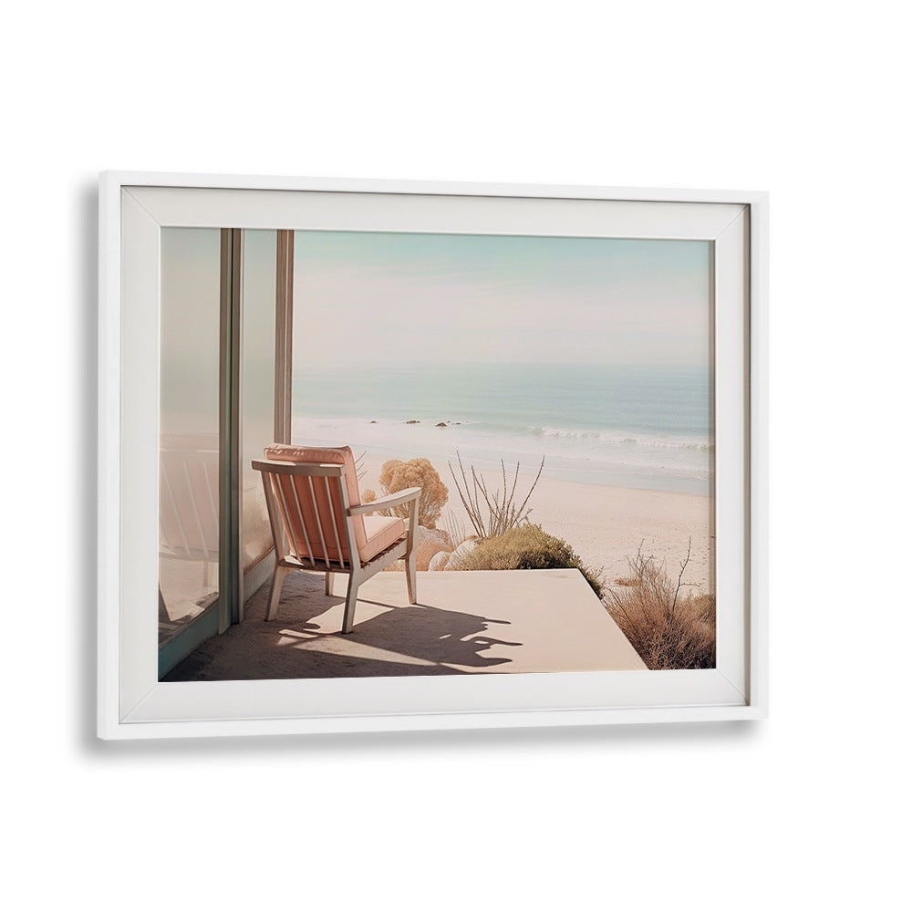 Tranquil scene from ALONE IN THE OCEAN, BEACH PAINTINGS collection, showcasing a serene beach view and cozy chair.