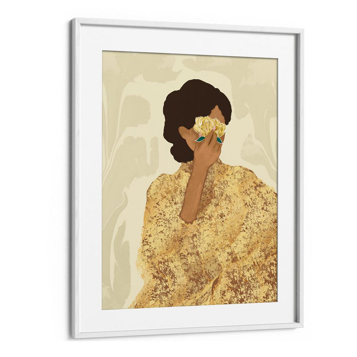 Elegant WOMAN WITH GOLD PEONY, PORTRAITS artwork showcasing divine femininity and spirituality in vibrant colors.