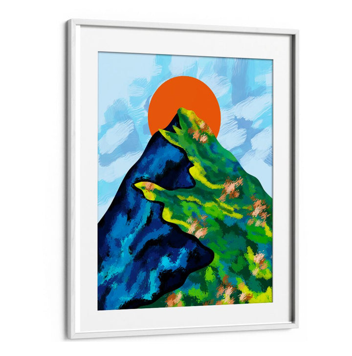 Vibrant BRIGHT HORIZON, LANDSCAPE PAINTINGS featuring colorful mountains and a bold sun, perfect for modern décor.