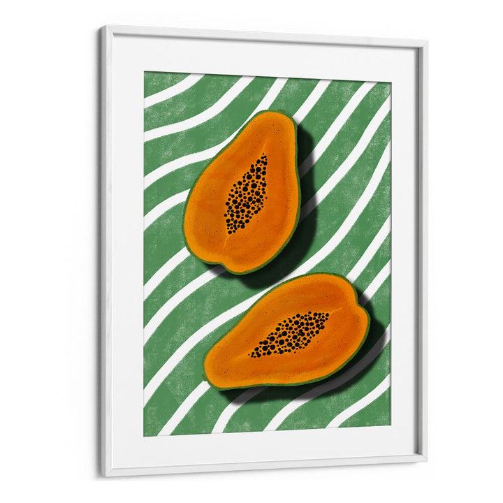 Colorful PAPAYAS, KITCHEN POSTERS featuring vibrant fruit on a green wavy background, perfect for your kitchen decor.