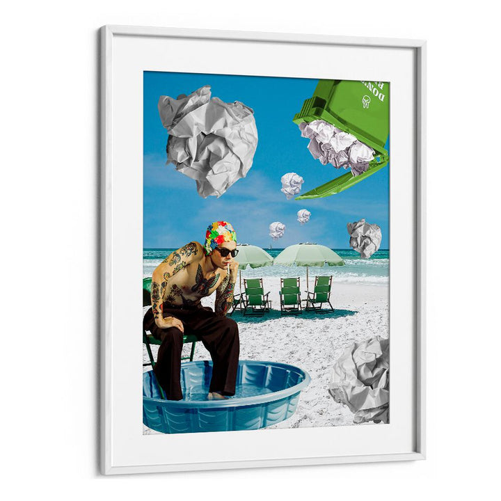 PAPER BEACH, SURREAL ART PRINTS showcase a whimsical beach scene perfect for adding unique flair to any space.