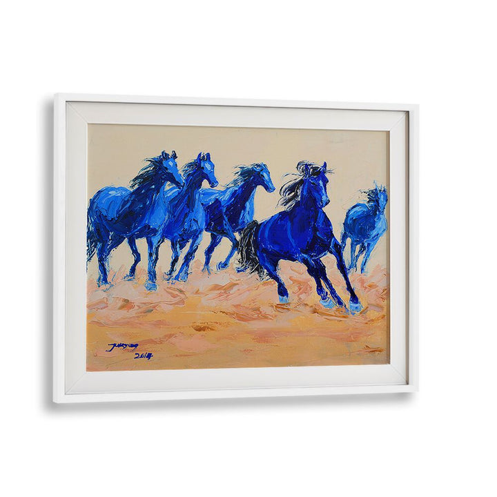 Vibrant blue horses gallop across sandy terrain in HORSE III, ANIMAL PAINTINGS, perfect for your art collection.