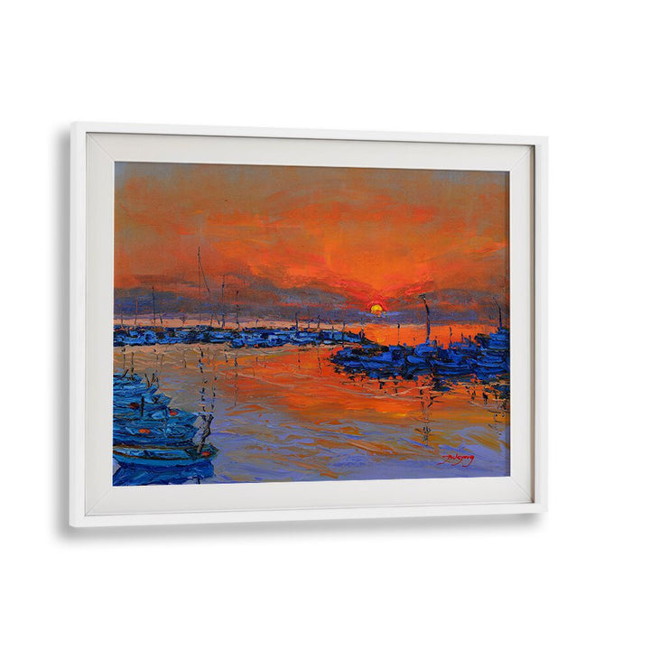 Vibrant SUNRISE, LANDSCAPE PAINTINGS showcasing a serene harbor scene with colorful reflections at dusk.