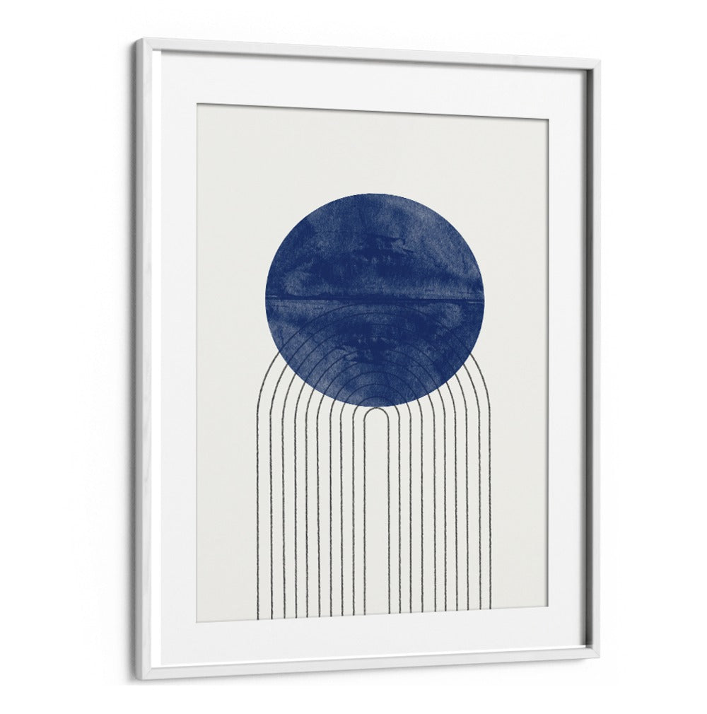 Elegant BLUE MOON NO II. , ABSTRACT PAINTINGS, featuring a striking blue circle and arching lines, enhances any decor.