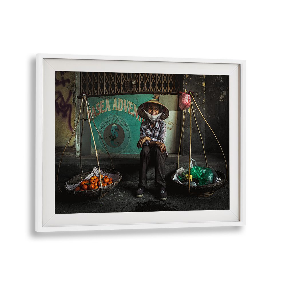 Vibrant scene from the HANOI STREET MARKET, PHOTOGRAPHY PRINTS showcasing a local vendor with fresh produce.