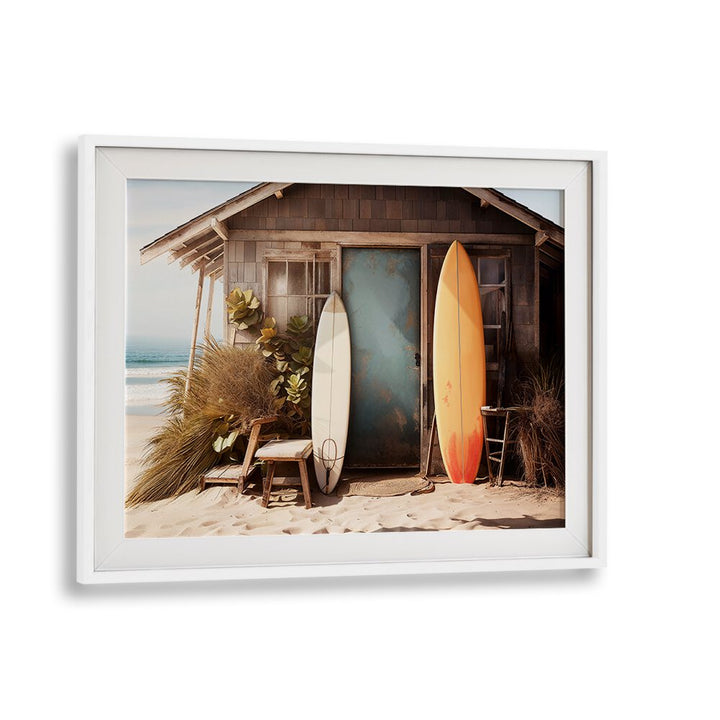 Experience nostalgia with VINTAGE VIBRANCE, BEACH PAINTINGS featuring retro surfboards and a charming beach hut.