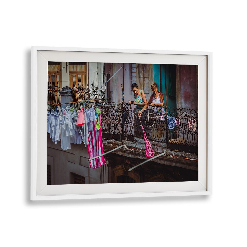 Street scene showcasing vibrant life, featuring "SHOPPING FROM THE BALCONY, PHOTOGRAPHY PRINTS" collection.