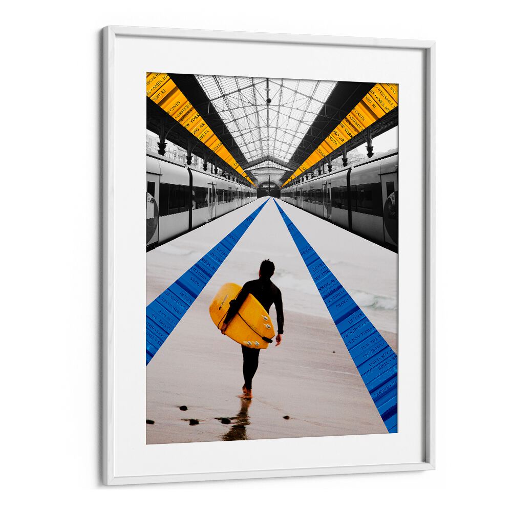 Surreal art print titled METRO, featuring a vibrant surf scene blending urban and beach elements, perfect for modern decor.