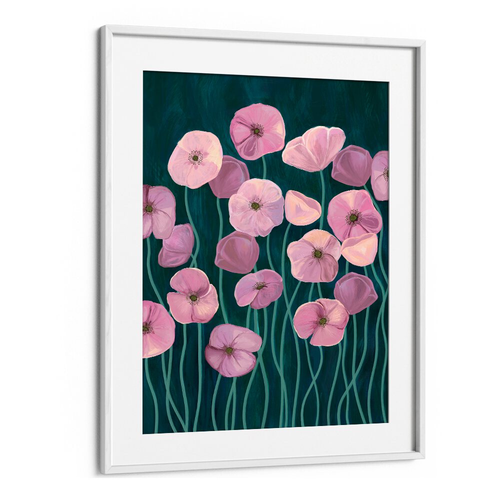 Stunning PINK POPPIES II, FLORAL FLOWER PAINTINGS featuring vibrant pink blooms against a dark background.