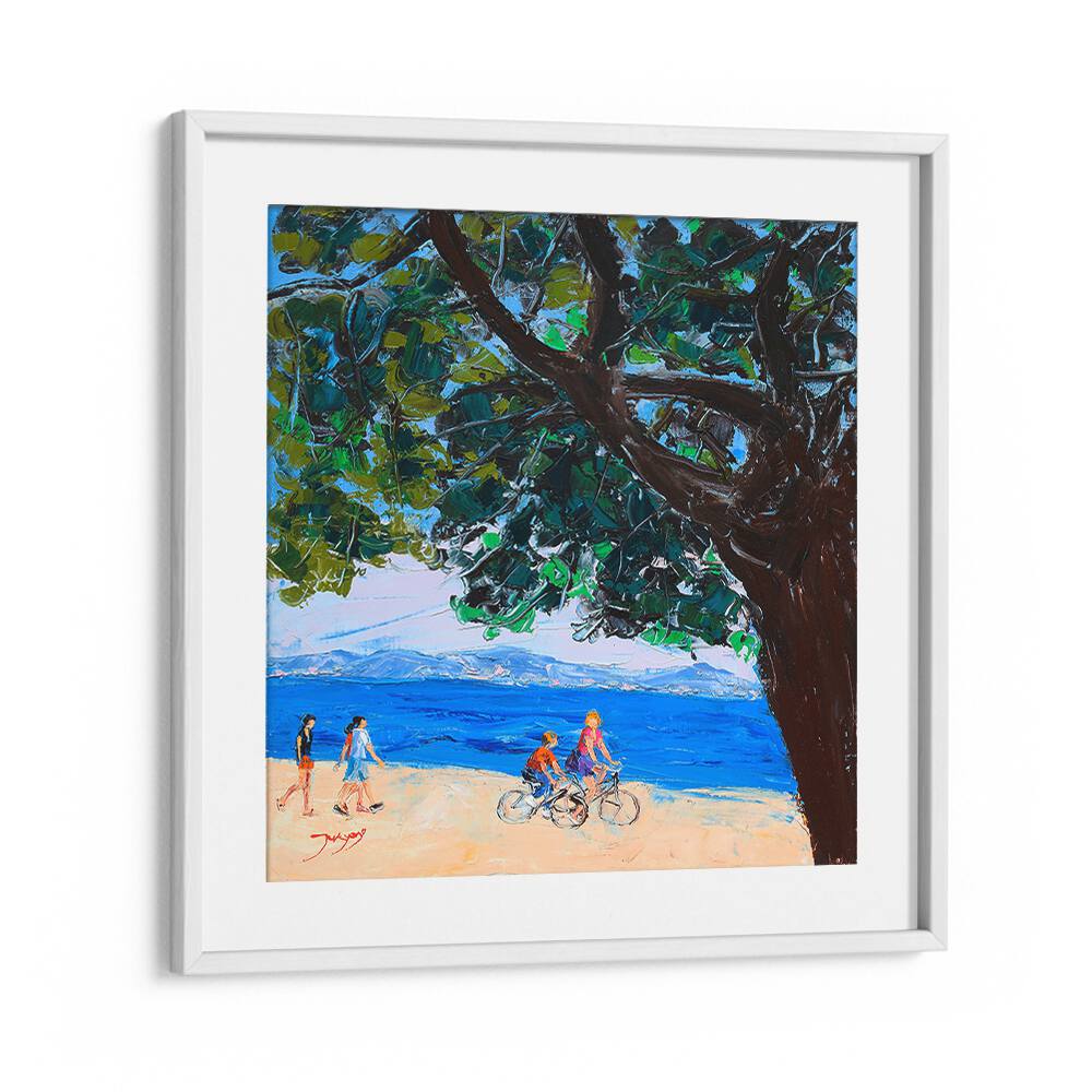 Colorful scene of families enjoying a beach day, perfect for ON VACATION, BEACH PAINTINGS at Whitemount.