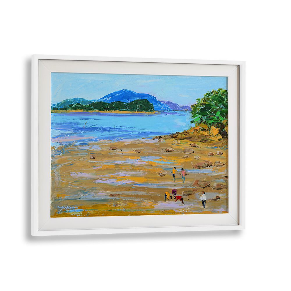 Colorful BEACH STORY II, BEACH PAINTINGS depicting a serene beach scene with people enjoying the shore.