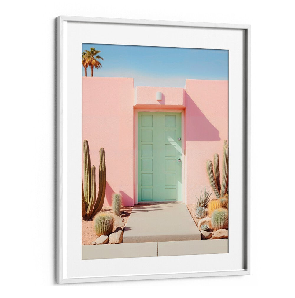 Vibrant pastel doorway with cacti, capturing the essence of PASTEL PALM SPRINGS, BEACH PAINTINGS by Philippe Hugonnard.