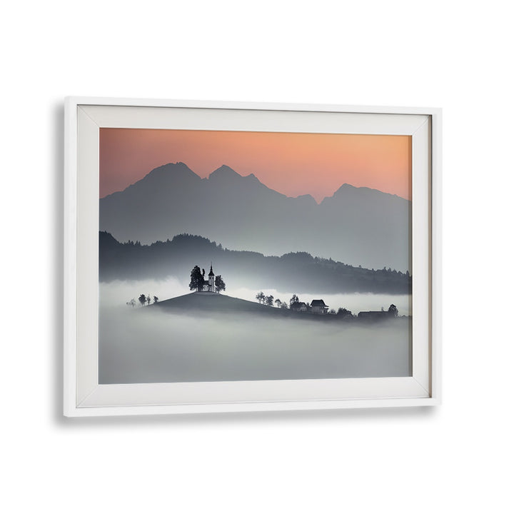 Serene landscape featuring mountains at dawn, perfect for tranquility. Discover GLOWING MORNING, PHOTOGRAPHY PRINTS.