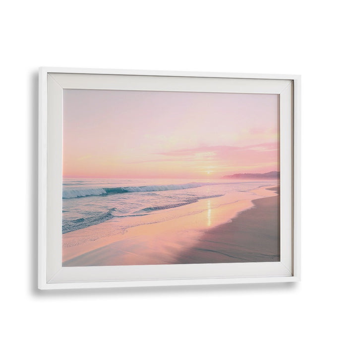 Warm golden hues reflect on the waves in SUNSET SERENITY, BEACH PAINTINGS, creating a tranquil coastal ambiance.