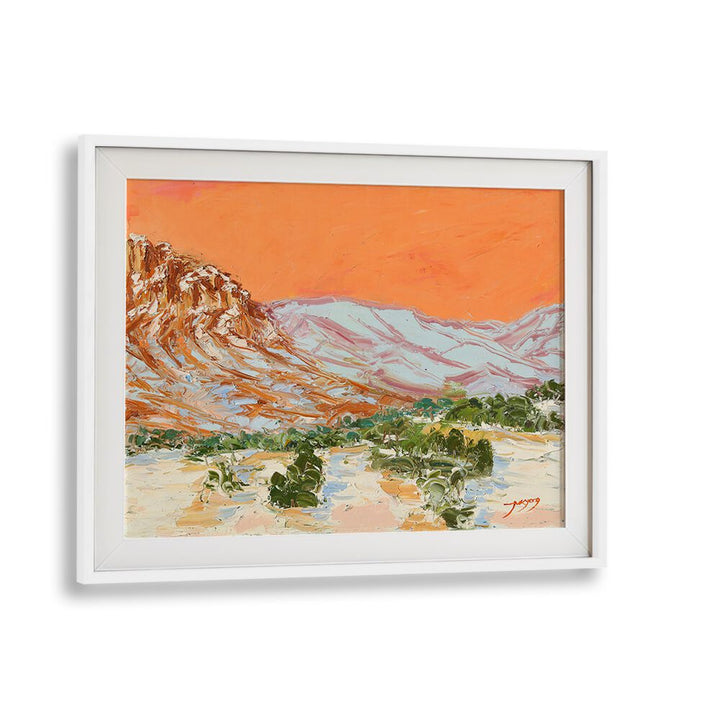 Vibrant MOUNTAIN, LANDSCAPE PAINTINGS showcasing a stunning orange sky over majestic mountains. Perfect for any decor.
