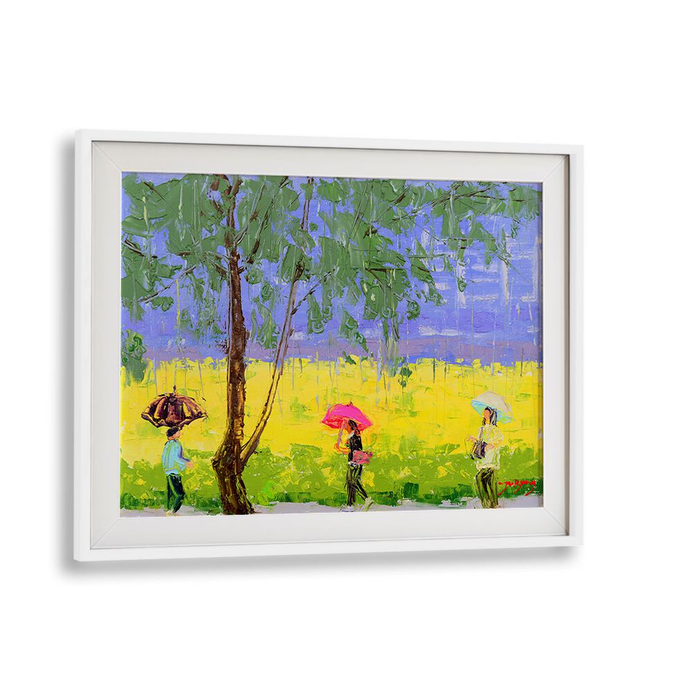 Vibrant RAPE FLOWER RAINY DAY, INDIAN ART PAINTINGS featuring colorful umbrellas in a serene landscape.