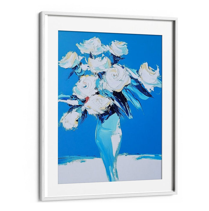 Beautiful WHITE ROSES IN A BLUE VASE, perfect for adding elegance to any home decor centerpiece.