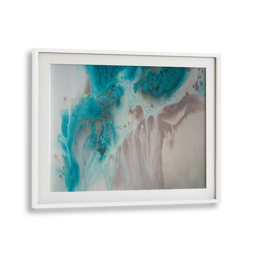 Captivating WITH THE FLOW, ABSTRACT PAINTINGS in vibrant teal and beige, perfect for transforming your living space.