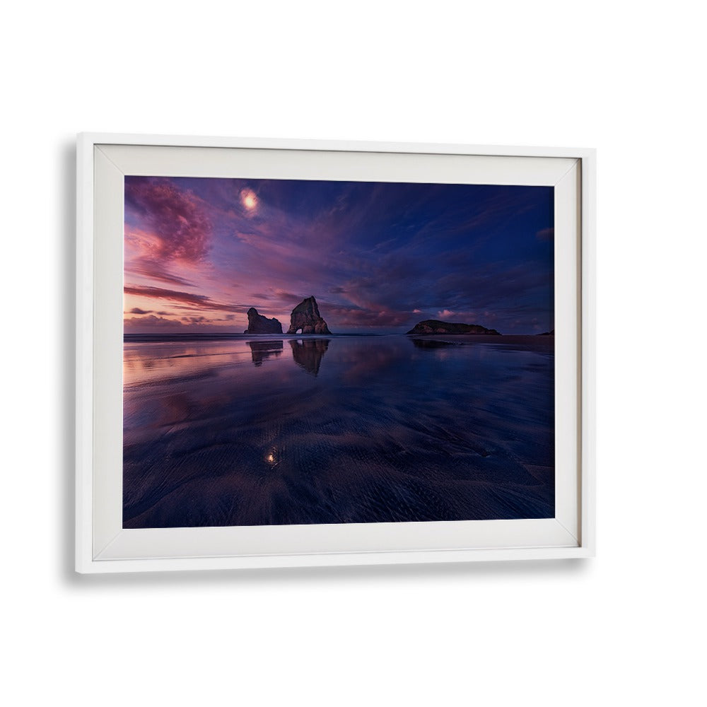 Captivating twilight reflection at Golden Bay, showcasing "GOLDEN BAY WHEN NIGHT FALLS, PHOTOGRAPHY PRINTS."