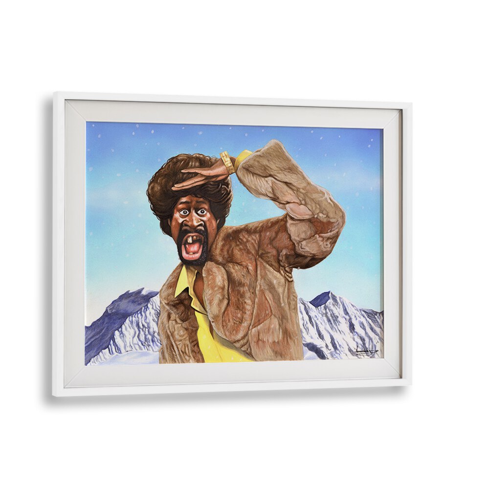 Vibrant MARTIN HIMALAYAS, AFRICAN ART PAINTINGS showcasing a dramatic figure against snowy mountains, perfect for art lovers.