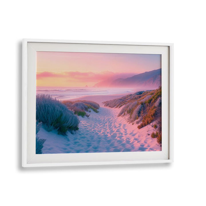 Tranquil beach scene featuring the SUNSET SAND PATH, BEACH PAINTINGS by Philippe Hugonnard for serene home decor.