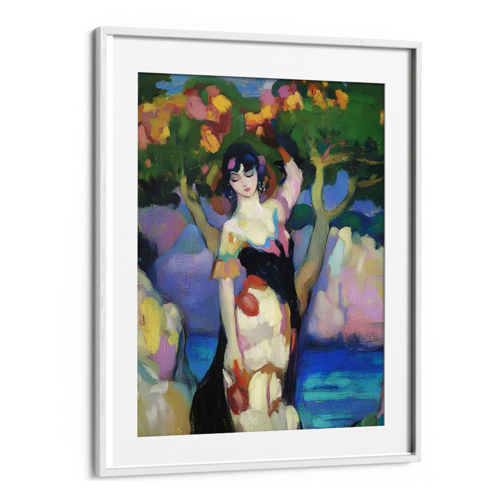Vibrant artwork WOMAN BY THE SEA II captures feminine grace against a serene coastal backdrop, perfect for art lovers.