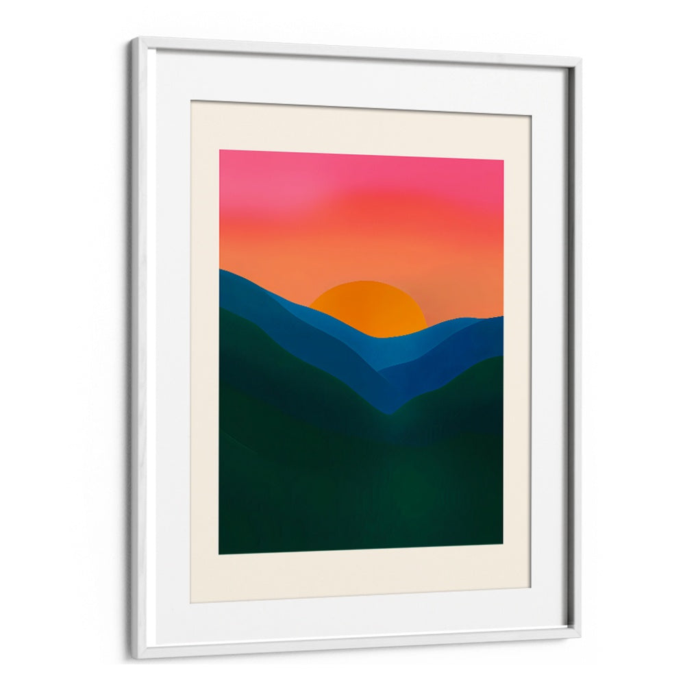 ECHO, LANDSCAPE PAINTINGS featuring vibrant sunset over layered blue and green hills in a sleek white frame.