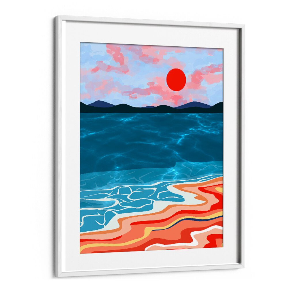 Vibrant COASTAL HUES, BEACH PAINTINGS artwork featuring serene ocean shades and a striking sunset for your home decor.