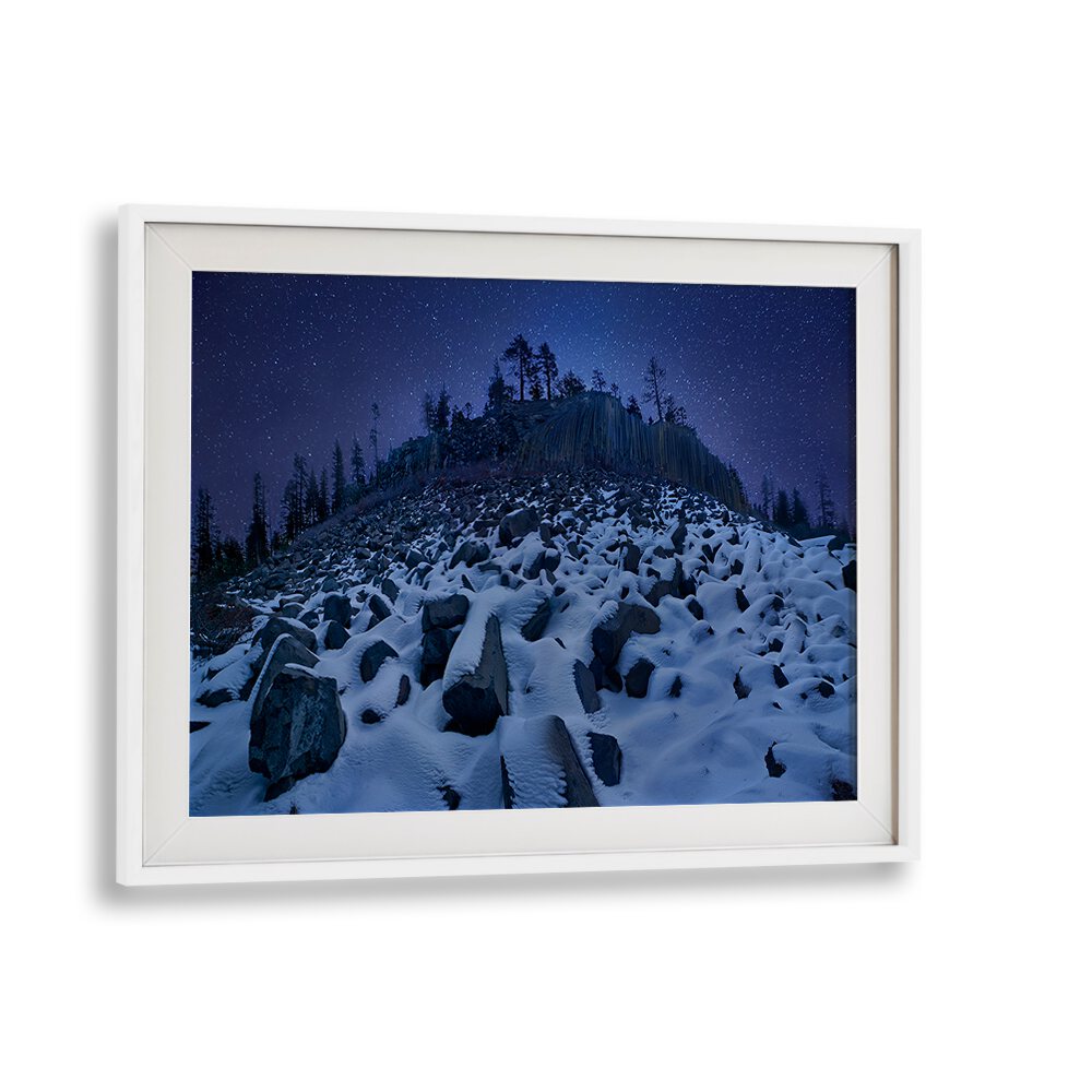 Stunning COLD MOUNTAIN DEVILS POSTPILE landscape photography prints showcasing a snowy, starry night scene.