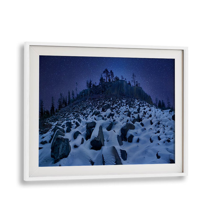 Stunning COLD MOUNTAIN DEVILS POSTPILE landscape photography prints showcasing a snowy, starry night scene.