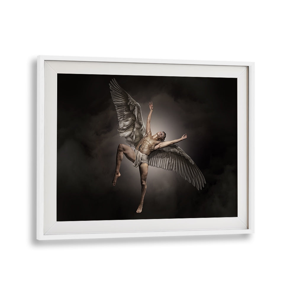 Surreal FALLEN IKARUS, PHOTOGRAPHY PRINTS showcasing a winged figure amidst dramatic clouds, perfect for any space.
