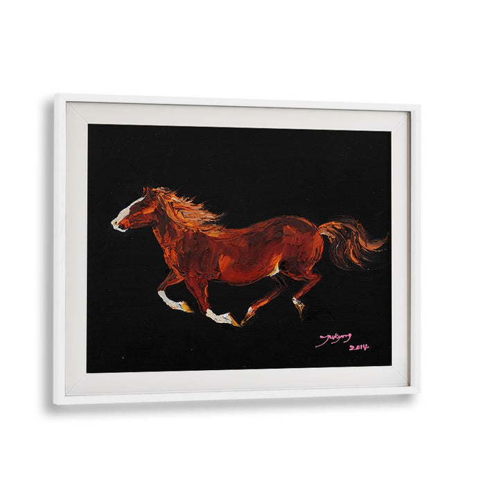 Vibrant HORSE II, ANIMAL PAINTINGS showcasing a brown horse in motion against a black background. Perfect for any art lover.