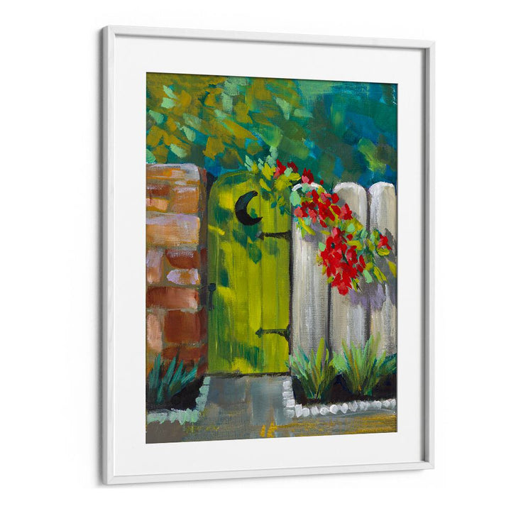Bright green moon door framed by vibrant floral accents; perfect for enhancing your space with MOON DOOR, FLORAL FLOWER PAINTINGS.