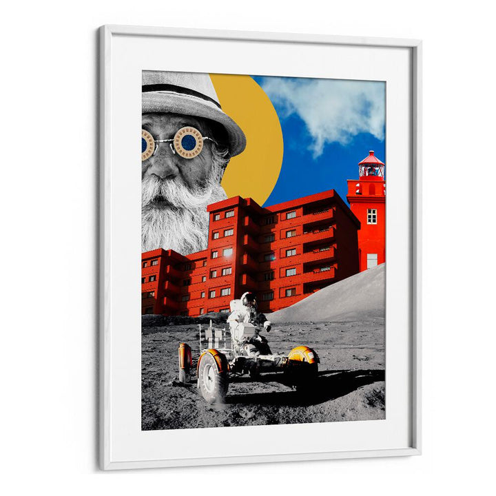 Surreal art print titled "UNIVERSE," featuring a vibrant scene with astronaut and unique architecture for modern decor.