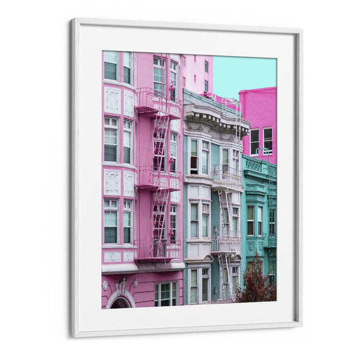 surreal painting - PINK AND BLUE ROW HOUSES IN SAN FRANCISCO by Asianmonk