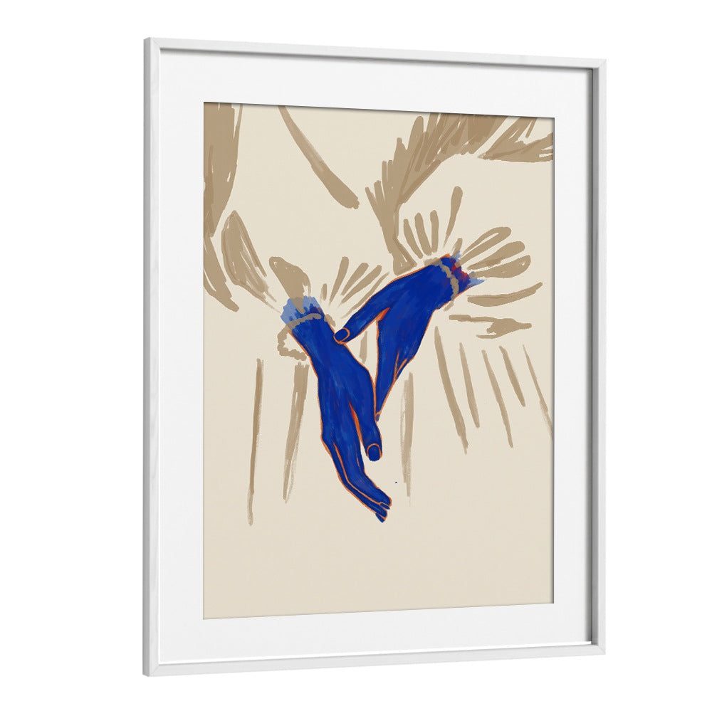Elegant artwork from the MAARTJE, PORTRAITS collection featuring vivid blue hands, celebrating human connection and emotion.