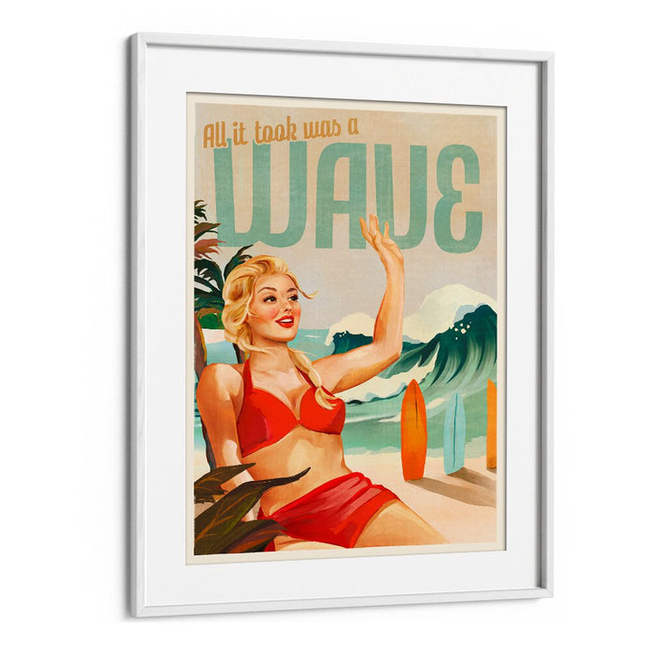 SURFING PINUP GIRL ON BEACH IN BIKINI BY THE WHISKEY GINGER , WOMEN ILLUSTRATION PAINTINGS