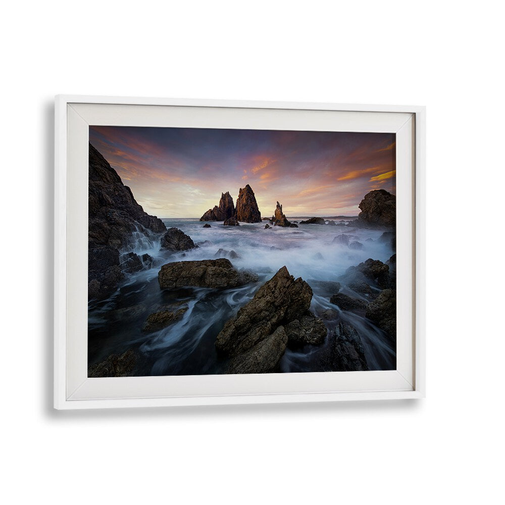 Stunning MORNING DELIGHT, PHOTOGRAPHY PRINTS showcasing serene coastal rocks at dawn, perfect for nature lovers' decor.