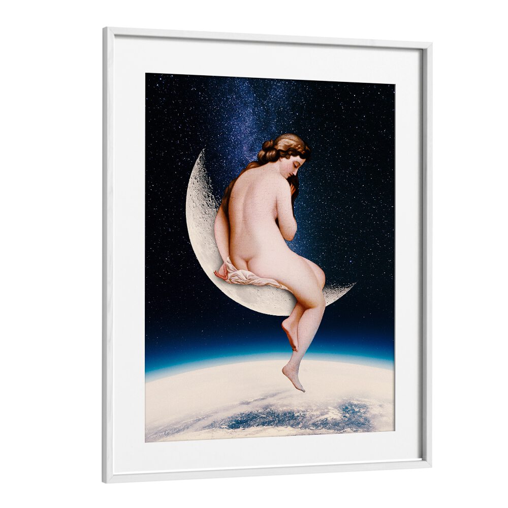 MOONWATCHER, ALTERED ART PRINTS feature a whimsical figure seated on a crescent moon against a starry backdrop.