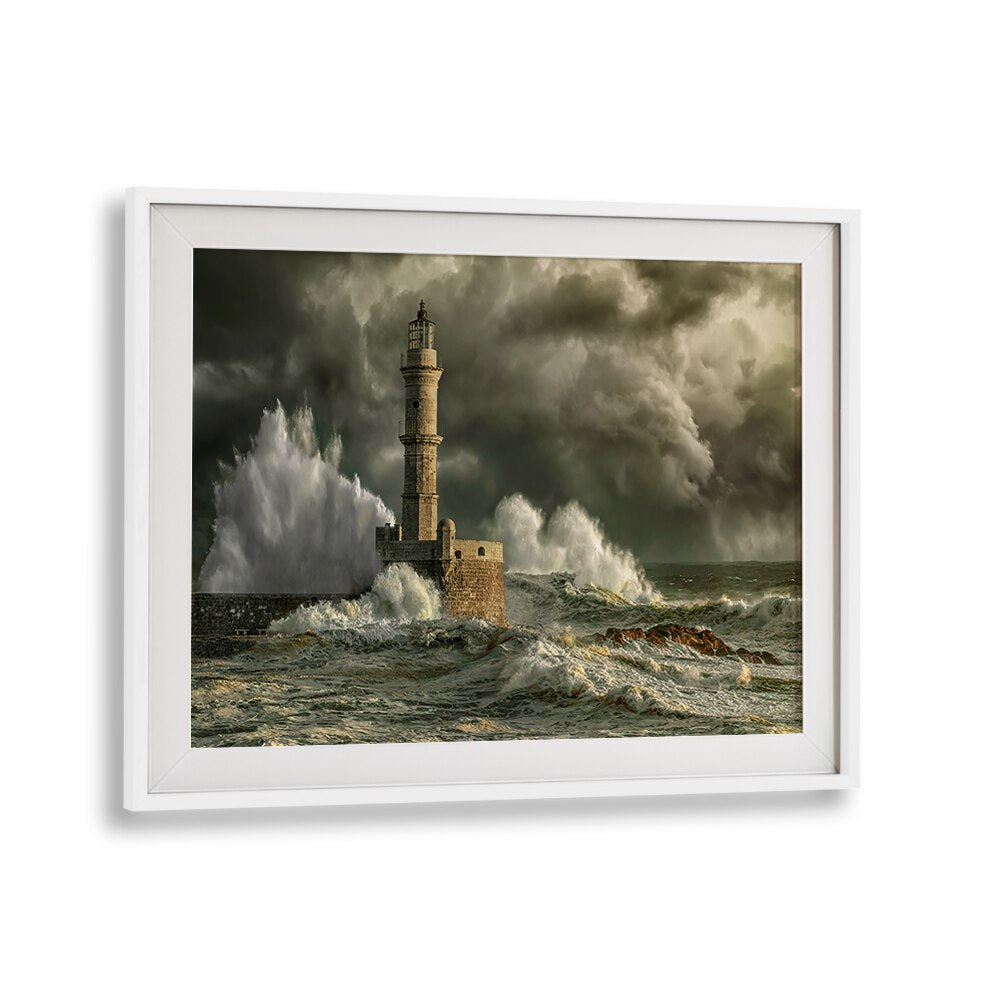 Dramatic waves crash against the lighthouse in CHANIA STORM, PHOTOGRAPHY PRINTS, showcasing nature's fierce beauty.