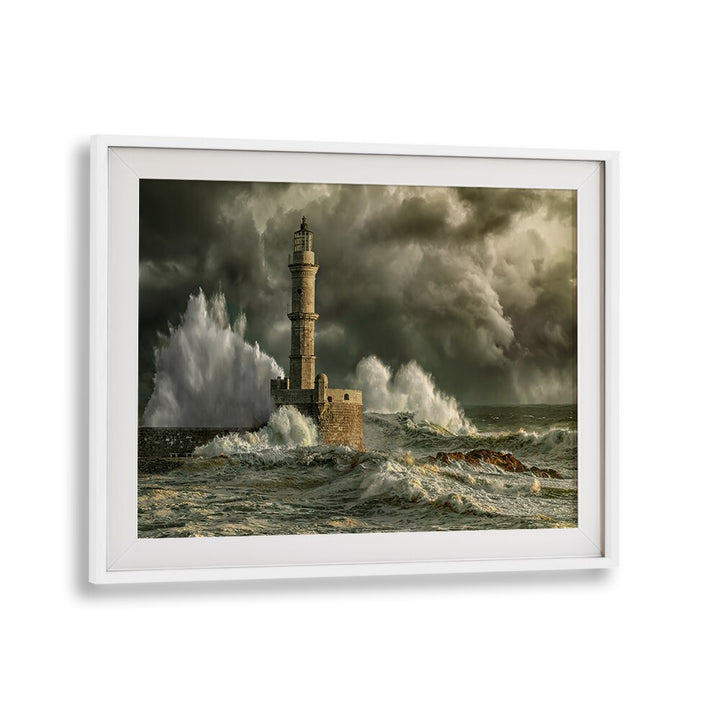 Dramatic waves crash against the lighthouse in CHANIA STORM, PHOTOGRAPHY PRINTS, showcasing nature's fierce beauty.