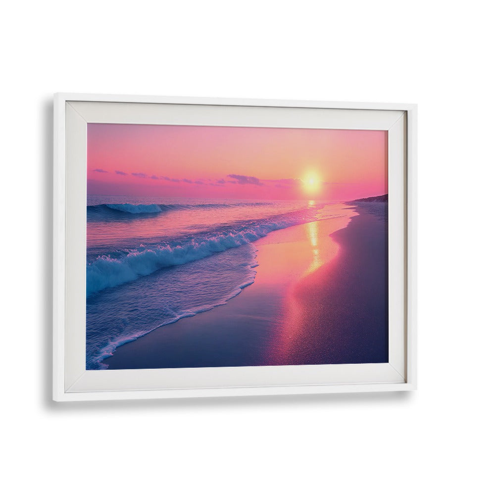 Experience tranquility with SUNSET SONATA, BEACH PAINTINGS, showcasing serene waves and a vibrant sunset.
