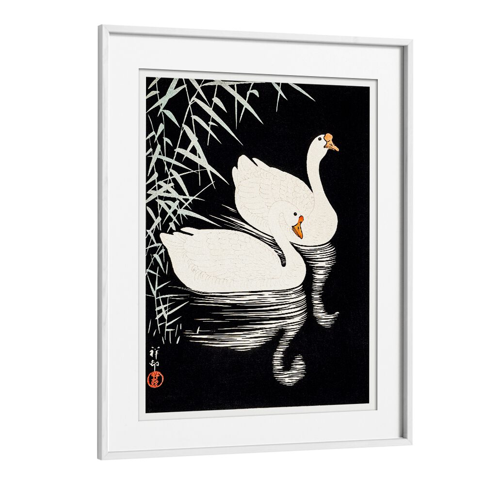 WHITE CHINESE GEESE SWIMMING   , JAPANESE PAINTINGS , JAPANESE ART PRINTS