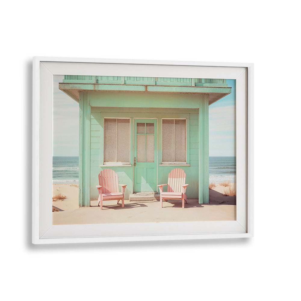 Charming beach house with pastel hues and pink chairs, showcasing PASTEL PERSPECTIVES, BEACH PAINTINGS by Philippe Hugonnard.