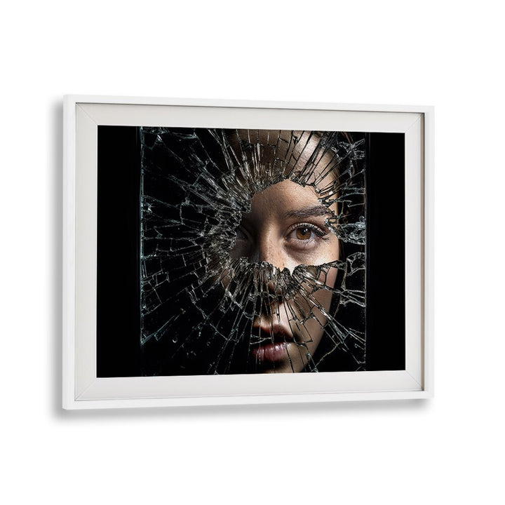 Surreal BROKEN FACE photography prints showcase a striking visual of shattered glass and a captivating expression.