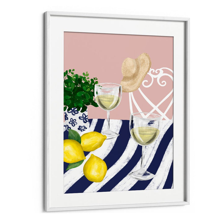 Elegant café art featuring two glasses of white wine for two, bar-themed décor with lemons and greenery.